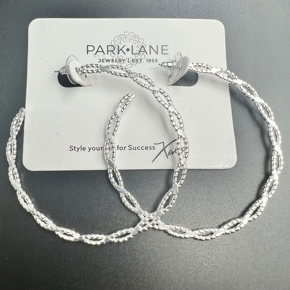 Park‎ Lane Silver Tone Textured Braided Large Hoop Earrings 2.75" Glam